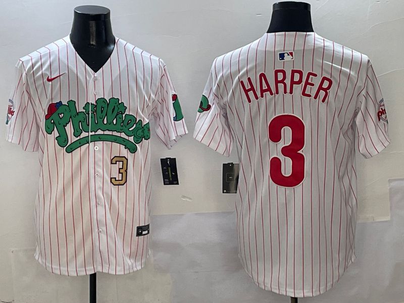 Men Philadelphia Phillies #3 Harper White Stripe Fourth generation Joint Name Nike 2025 MLB Jersey style 2
